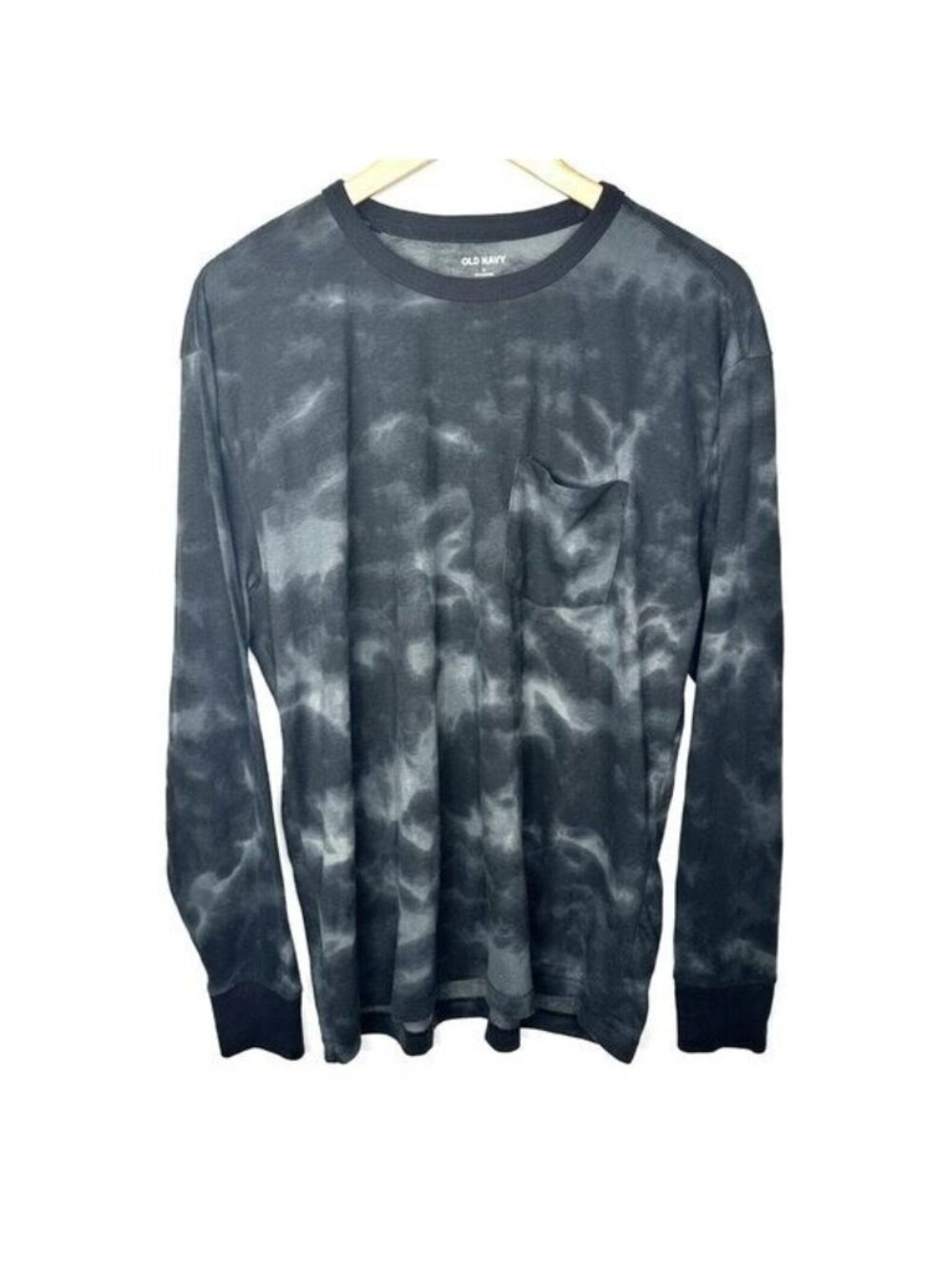 Old Navy Mens Long Sleeve Pocket Tee Tie Dye Vintage Wash Black Gray Medium